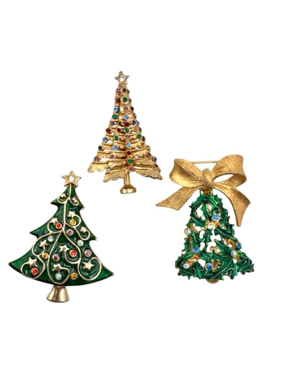 Christmas Tree Brooch Lot of 3 - MYLU Bell Enamel Rhinestone Gold Tone Tree - Picture 2 of 13